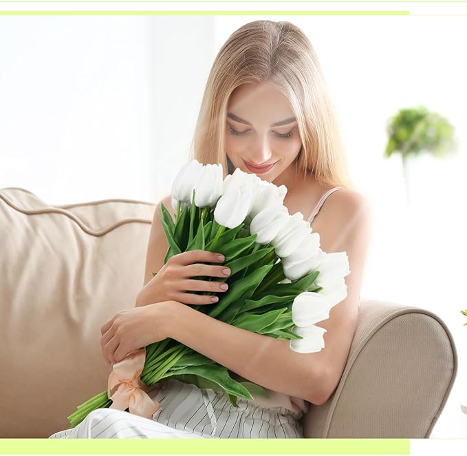 Janinka 75pcs Artificial Tulip Flowers Fake PU Tulips Faux Latex Bouquet Flower Centerpieces Arrangement Floral for Mother Day Wedding Spring Decorations (White)