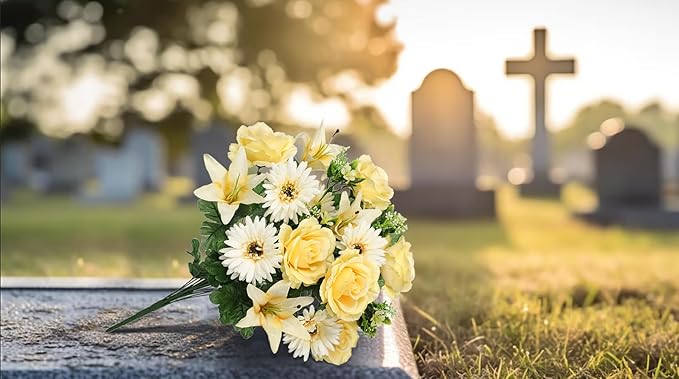 Hollyone Set of 2 Artificial Cemetery Flowers for Grave Yellow Cemetery Memorial Flowers for Cemetery Outdoor Grave Decorations Silk Flower Arrangements Rose Lily Gerbera Floral Flowers Bouquets