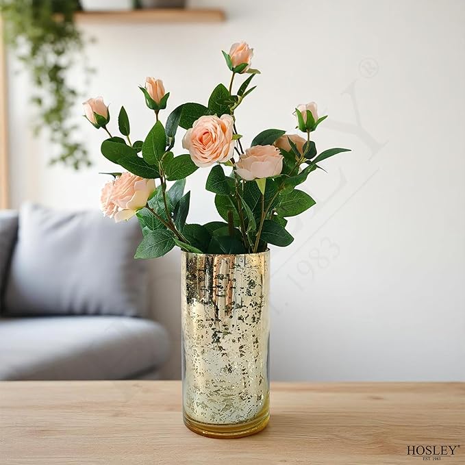 Hosley Set of 2 Mercury Gold Glass Vases – Elegant Flower Pots for Boho Decor, Wedding Gifts, Decorative Centerpieces, Hurricane Style Vase for Home, Events, and DIY Crafts