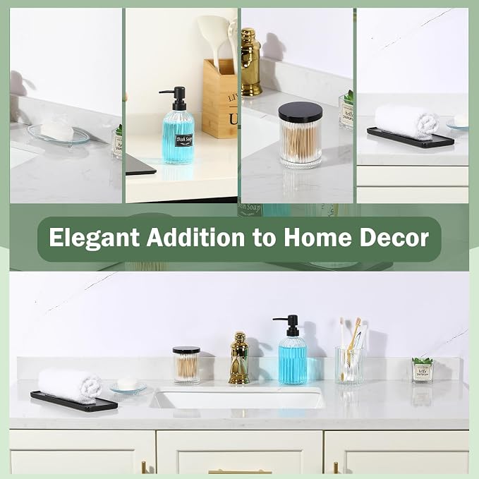 Shinowa Bathroom Accessories Set, 5 Pcs Clear Glass Bathroom Accessory Sets Complete with Soap Dispenser, Toothbrush Holder, Q-Tips Holder, Soap Dish, Ceramic Tray, Countertop Vanity Organizer