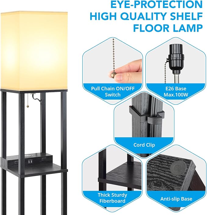 Mlambert Modern Shelf Floor Lamp with Wireless Charger & Fast Charging USB Ports & Type C Port & 2 Power Outlets,3 Tier Storage Lamp for Bedroom,Black