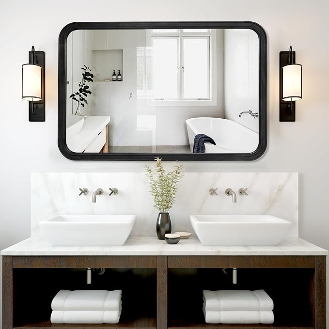 WallBeyond Wood Bathroom Mirror for Wall 24x36 Inch Wooden Frame Rectangle Mirror for Farmhouse Bathroom Vanity Wall Mounted Decorative Mirror (Horizontal/Vertical Black)