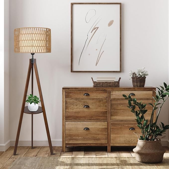 LAMSU Boho Tripod Floor Lamp with Shelves, Mid Century Wood Standing Lamp with Rattan & Fabric Shades, ON/Off Foot Switch, Modern Farmhouse Tall Floor Lamps for Living Room Bedroom Office