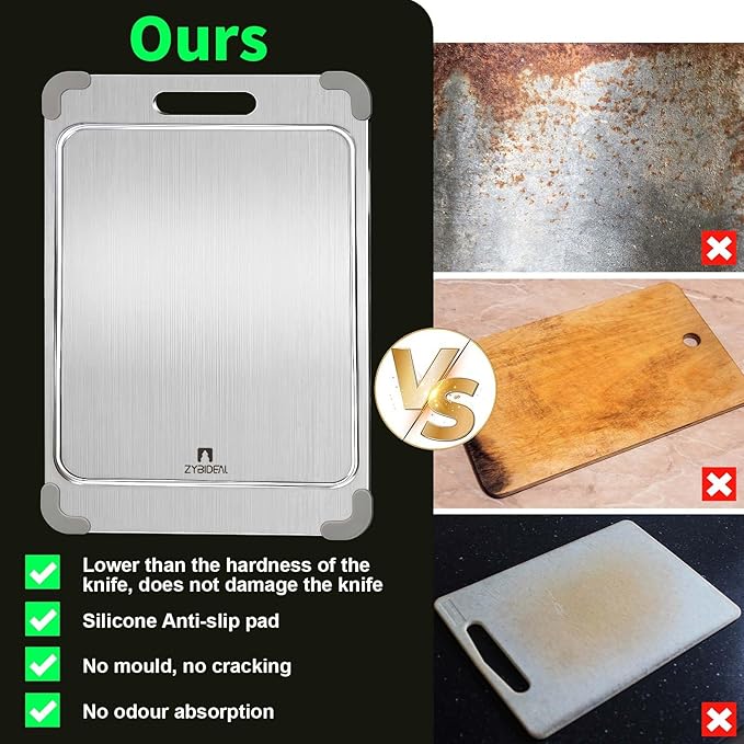 100% Pure Titanium Cutting Board with Grooves, Update Double Side Titanium Chopping Board, Silicone Anti-slip Stainless Cutting Boards for Kitchen 8 * 12, Grey