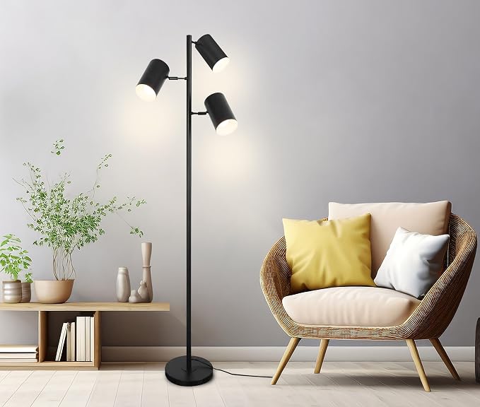 Tree Floor Lamp with 3 Light Bulbs,Black Standing Tall Pole Lamp with 3 Adjustable Rotating Lights,Farmhouse Floor Lamp for Living Room Bedroom Office,Vintage Standing Lamp 9W E26 LED Bulbs Included.