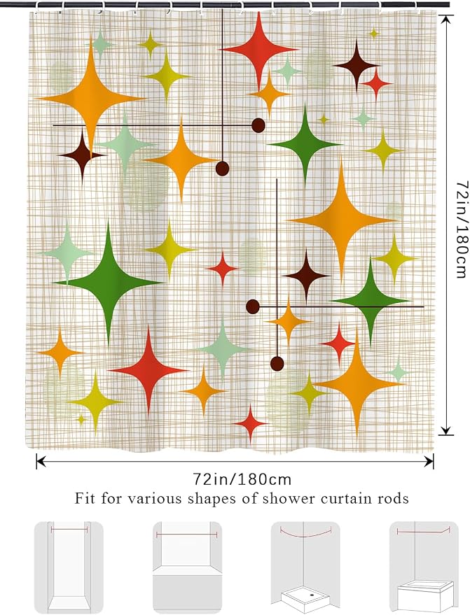 Mid Century Modern Shower Curtain, Retro Abstract Geometric Design Bath Curtains for Bathroom, Boho Colorful Unique Stars Pattern Decor Waterproof Fabric Shower Curtain Sets 12 Hooks 72X72 in