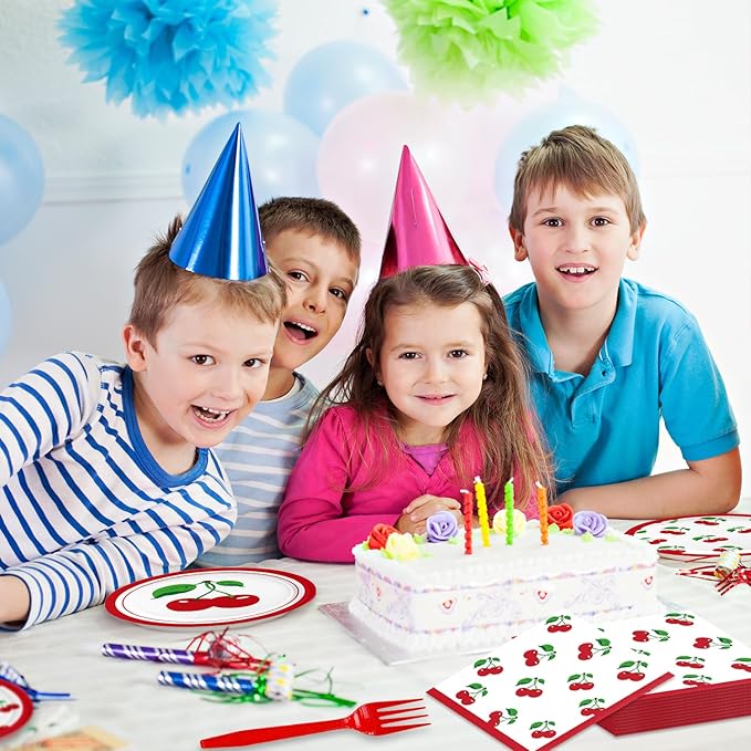 48PCS Cherry Birthday Party Decorations Cherry Themed Party Supplies Include Plates Napkins Forks for 16 Guests