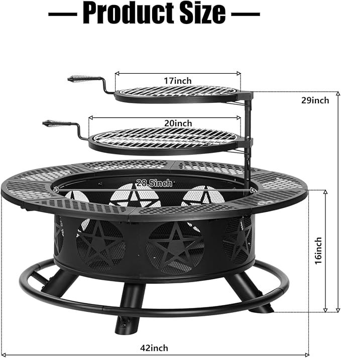 Outvue 42 Inch Fire Pit with 2 Grills, Extra Large Wood Burning Fire Pits for Outside with Lid & Poker, Heavy Duty Firepit,BBQ& Outdoor Fire Pit & Round Metal Table 3 in 1 for Patio, Picnic, Party