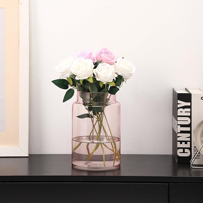 Large Glass Vase, 9 Inch Flower Vase, Glass Flower Vase for Bouquet, Wide Mouth Vase for Flowers, Pink Tall Vases, Large Vases for Home, Wedding, Living Room, Office Decor