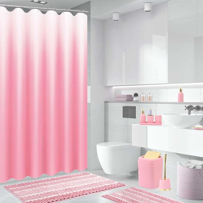 XLHOMO 25PCS Pink Bathroom Accessories Sets Complete, with Shower Curtain, Rugs, Trash Can and Toilet Brush, Toothbrush Holder and Cup, Soap Dispenser, Soap Dish, Qtip Holder, Bathroom Decor Sets