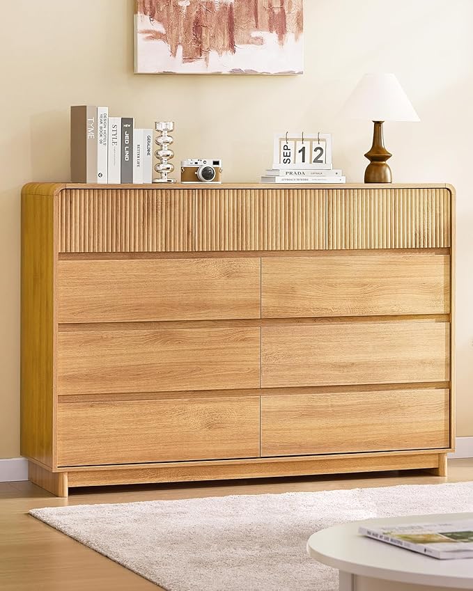 AOGLLATI Modern Wood 9 Drawer Dresser for Bedroom, 55" Long Fluted Double Dressers & Chests of Drawers with Curved Profile Design for Bedroom,Wood