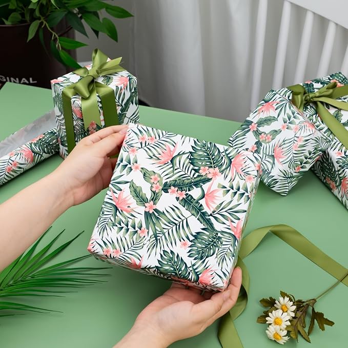 Burymento Palm Leaves Wrapping Paper Roll, Hawaiian Tropical Floral Themed Gift Wrap for Birthday, Valentines, Mothers day, Graduation, Wedding, Fathers day, Baby Shower, Christmas (17 IN x 32.8 FT)