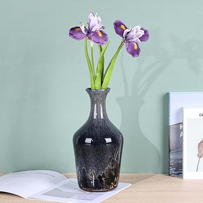 Hand Blown Glass Vase Smoke Gray – Murano Style Art Glass Vase with Rounded Belly and Wide Mouth, Bubble Vase, Elegant Centerpiece for Floral Arrangements in Dining or Living Room (Gray)