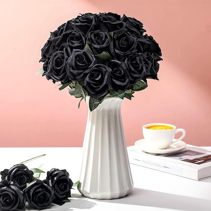 30 Pcs Rose Artificial Flowers in Bulk Real Touch Long Stem Silk Roses Bouquets Realistic Faux Flowers for Wedding Bridal Shower Home Decor Floral Arrangements Table Centerpiece(Black)