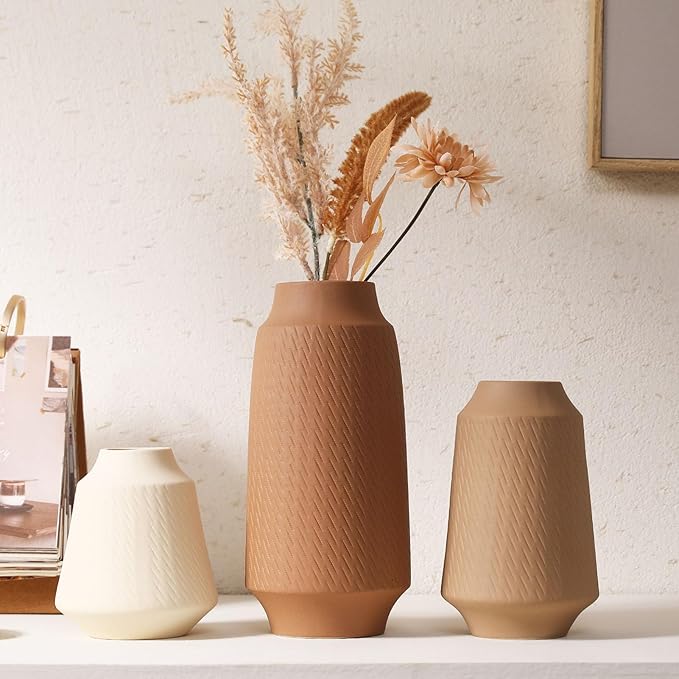Ceramic Vase Set of 3 - Handcrafted Ceramic Vases for Home Decor & Shelf - Modern Farmhouse Decor for Kitchen, Office, Bedroom & Living Room Decorative Objects for Mantel, Table Centerpieces
