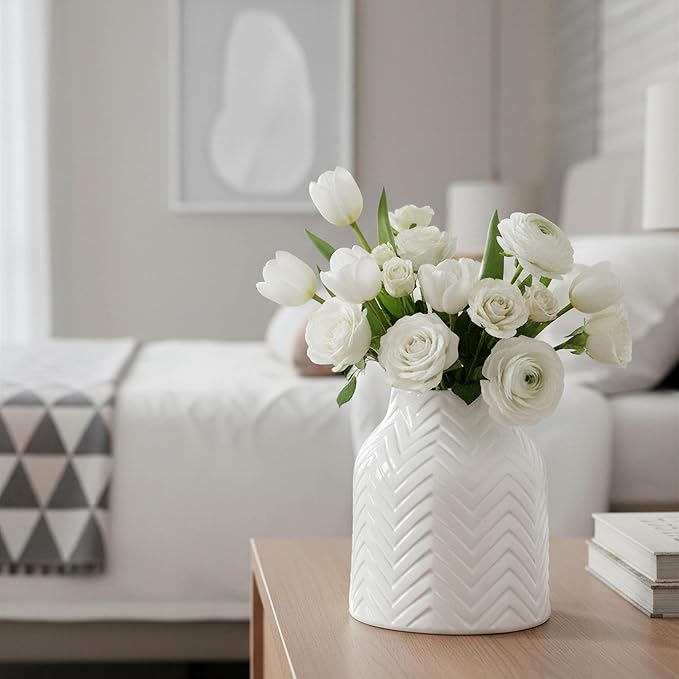 hjn White Vase for Flowers Ceramic Vase for Decor, Modern Decorative Vase, Vases for Your Kitchen/Office/Living Room/Bookshelf/Mantel - White Texture(Small)
