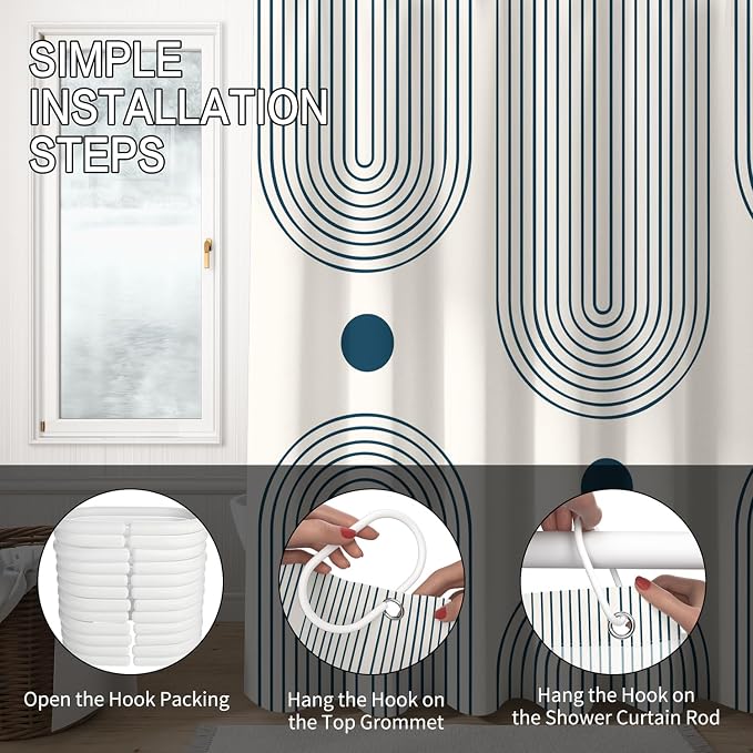 Mid Century Modern Shower Curtain Abstract Minimalist Arch Sun Lines Geometric Aesthetic Bath Curtain Boho Bathtub Decorations Waterproof Fabric Bathroom Curtains with Hooks 72x72 inch