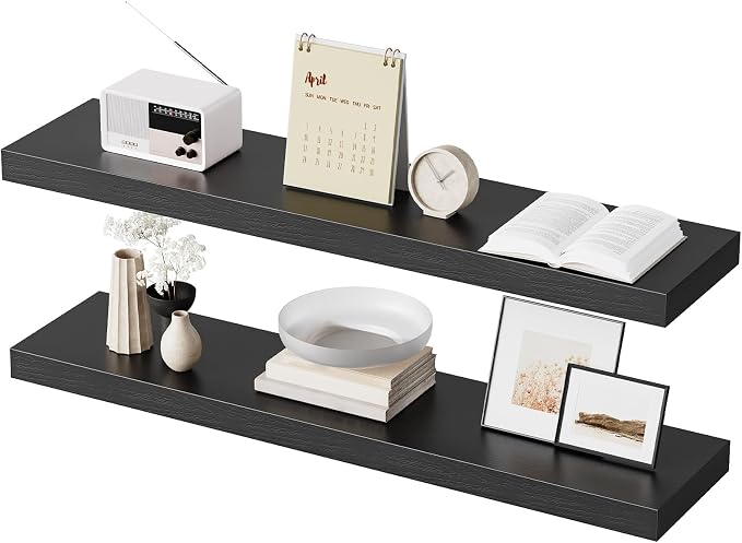 HOOBRO Floating Shelves for Wall, Wall Mounted Shelf Set of 2, 39.4" Hanging Shelf with Invisible Brackets, for Wall Decor Storage in Bathroom Bedroom Kitchen Living Room Office, Black BK100BJP201