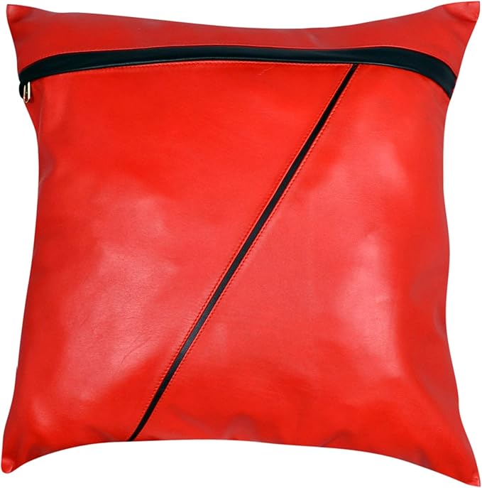 D DOLLY LAMB Lambskin Leather Pillow Cover - Sofa Cushion Case - Decorative Throw Covers for Living Room & Bedroom, 14x14 Inches - 03 Red Pack of 1