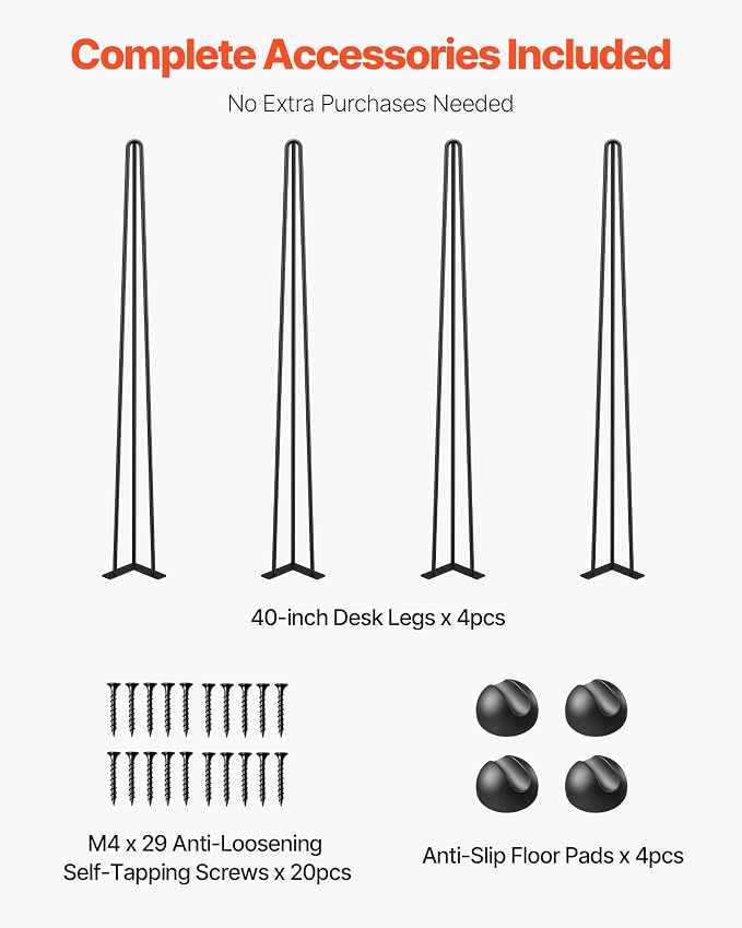 VEVOR Hairpin Table Legs 40" Black Set of 4 Desk Legs 880lbs Total Load Capacity Hairpin Desk Legs 3 Rods for Bench Desk Dining End Table Chairs Carbon Steel DIY Heavy Duty Furniture Legs