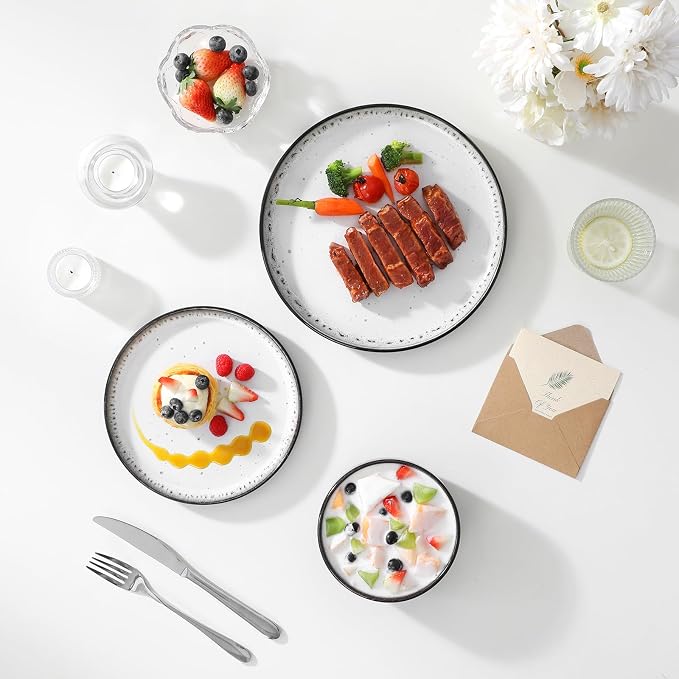 vancasso PLAYA Plates and Bowls Sets, 18 Pieces Beige Dinnerware Sets for Kitchen, Reactive Glaze Dishes Set for 6, Dishwasher and Microwave Safe