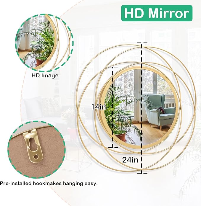 Gold Circle Mirror Wall Decorative Metal Wall Mirror, Art Small Round Wall Home Mirror, Decor Living Room Bedroom Bathroom Entryway 24" x 24"