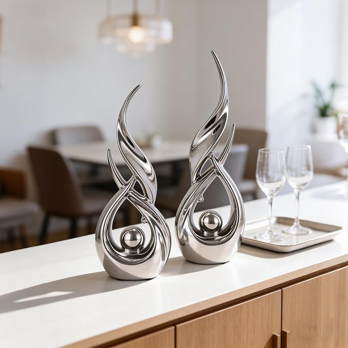 2 PCS Silver Ceramic Statues For Home Decor Accents, Modern Abstract Art Sculptures, Elegant Tabletop Decorative Objects For Dining Room, Entryway, Tv Stand, Mantel, Coffee Table Centerpieces