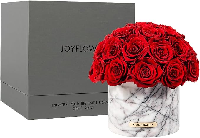 JoyFlower Red Preserved Flowers Vase Marble, Roses Marble Vases for Centerpieces, Eternal Flower Decorations for Party Home Living Room Bedroom Coffee Table, Decorative Flower Marble Vase