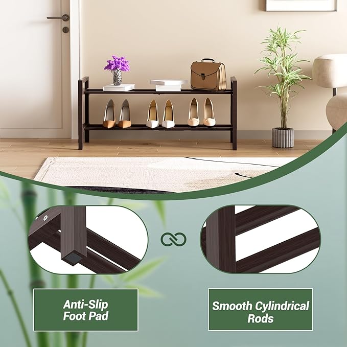 Haddockway Bamboo Shoe Rack for Closet, Free Standing Shoe Organizer with Smooth Round Rods & Convenient Handles, Stackable Shoe Storage Shelf for Entryway, Hallway(Brown, 2-Tier)