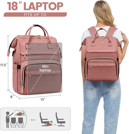 LOVEVOOK Laptop Backpack - 18-Inch Waterproof Travel Bag with USB Port for Women | Light Pink