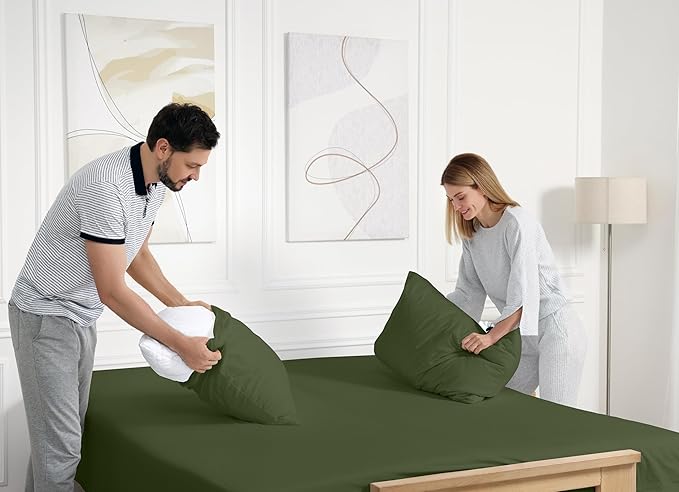 RUVANTI 100% Cotton Twin Sheets Set, 3 Pieces, Soft & Breathable Percale Weave Bedding, Deep Pocket 16", Hotel Standard, Crisp Cool Feel, Durable, Perfect Dyed Bed Sheet, Chive