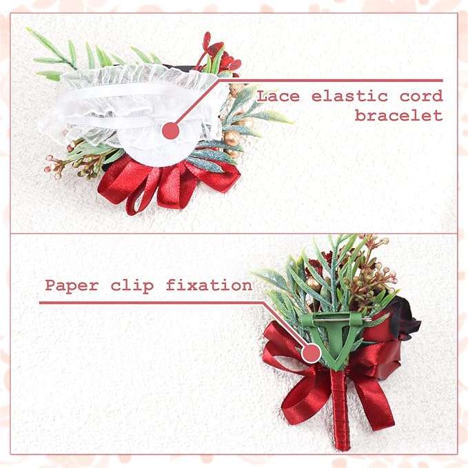 2 Pcs Wine Red Rose Wrist Corsage and Boutonniere Set, Rose Corsage Hand for Women, Boutonniere for Men Wedding Artificial Flowers Accessories Prom Decor, Christmas Party Accessories (Wine Red)