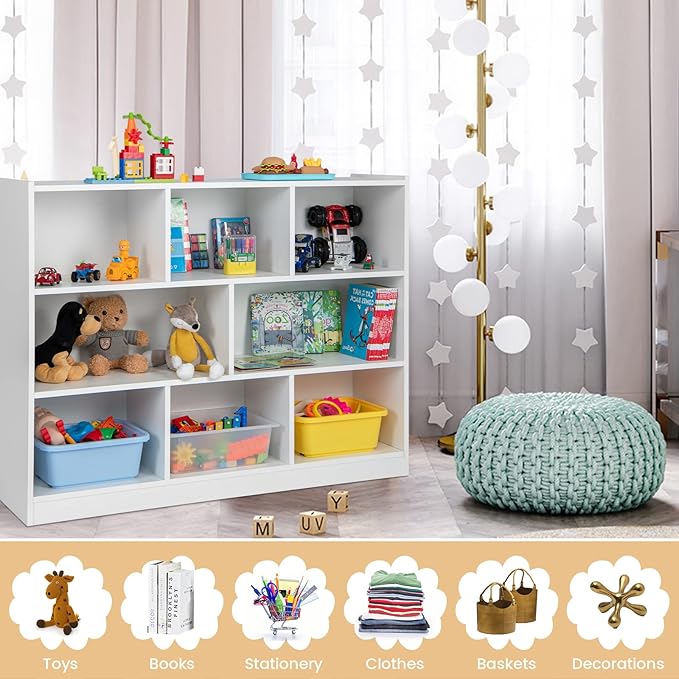 Costzon 3-Shelf Bookcase for Kids, Wooden Toy Storage Organizer for Books Toys, 8-Section Freestanding Classroom Daycare Montessori Bookshelf for Preschool, Home Playroom & Kindergarten (White)