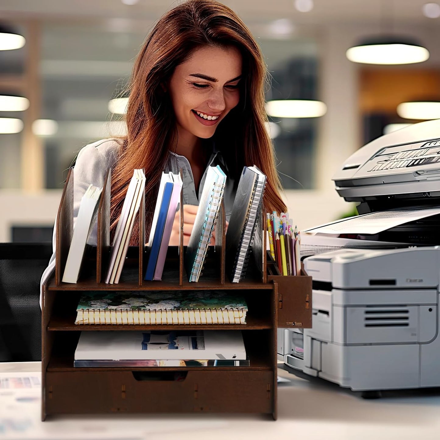 Wonderjune 4-Tier Wooden Desk File Organizer - Multifunctional Office Accessories with 5 Vertical Holders & Drawer
