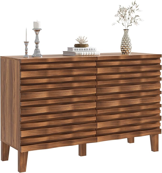 UEV Solid Wood Face 6 Drawer Dresser,Mid Century Modern Dresser with Chest,Flutted Chest of Drawers with Moire Patten for Bedroom, Living Room (Natural Wood)