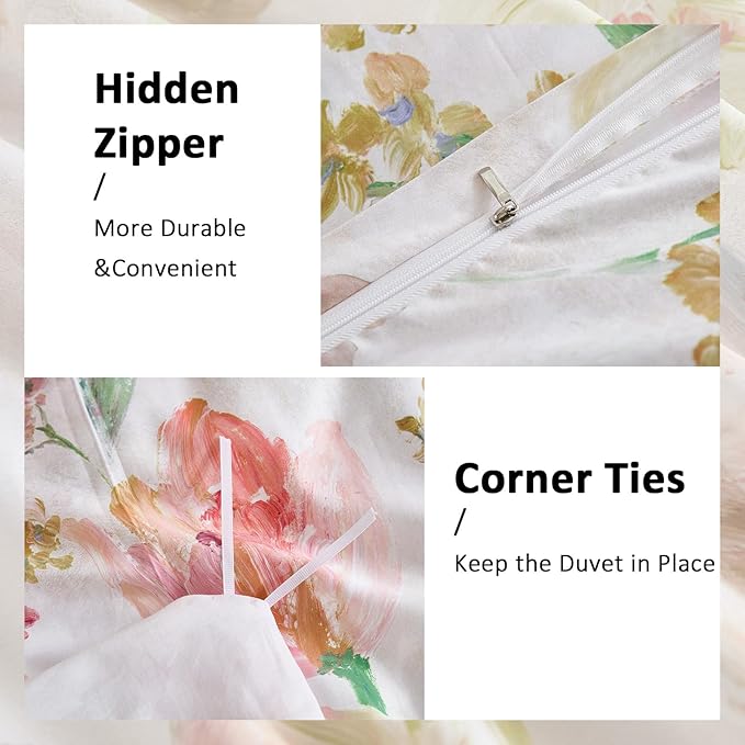 100% Cotton Duvet Cover Set Queen Size – Pink Watercolor Floral Bedding with Zipper Closure, 3-Piece Silky Soft Botanical Comforter Cover with 2 Pillowcases
