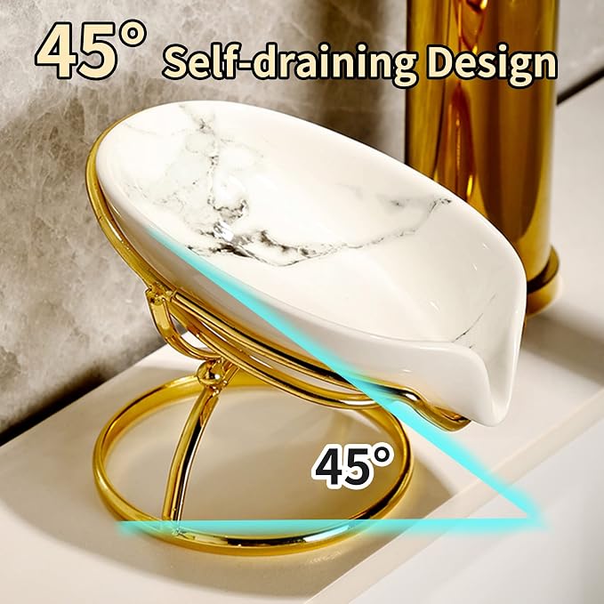 Dobbyby Leaf-Shaped Soap Dish – Ceramic Soap Bar Holder with Self-Drainage System – Bar Soap Holder for Shower, Bathroom Sink, Kitchen – Soap Dish with Stainless Steel Stand (White-Gold-2 Pack)
