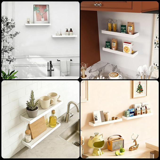 2 Pack 15.7 in White Floating Shelves for Wall, Wooden Wall Shelves for Bedroom Living Room Kitchen, Modern and Rustic Bathroom Shelves with Raised Lip, Decor Floating Shelf for Storage Display