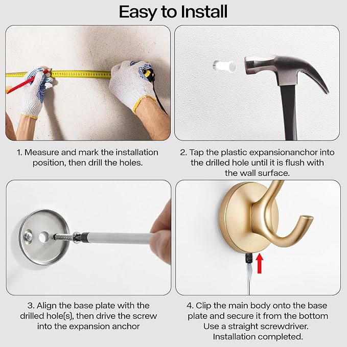 Matte Gold Towel Hooks 4 Pack, Heavy Duty Zinc Alloy Double Prong Coat Robe Hooks, Wall Mounted Towel Hooks for Bathroom, Kitchen, Closet, Garage, Entryway (195gold)