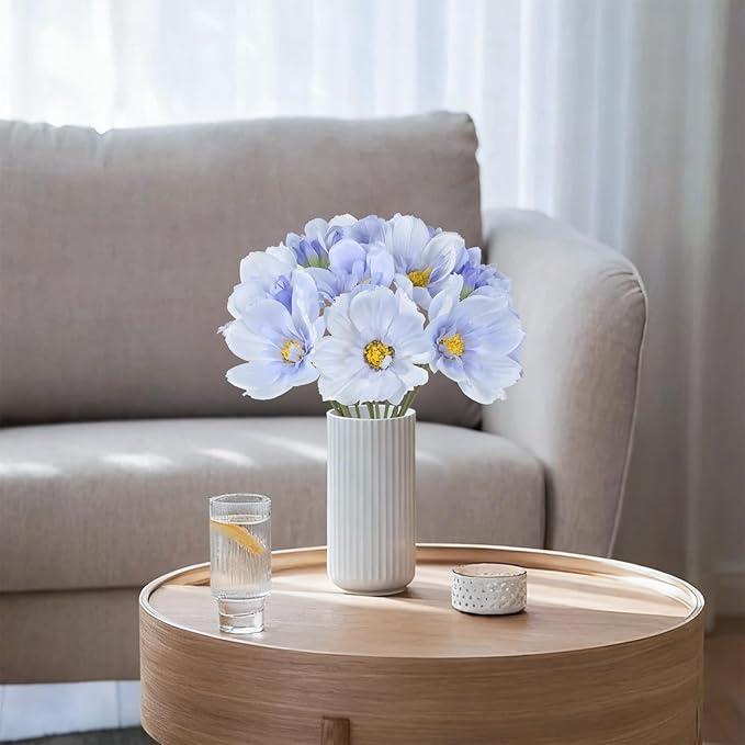 INSUNX 5 Bouquet Cosmos Artificial Flowers Light Blue Fake Daisy Flowers 15Pcs Faux Wildflowers Silk Flowers for Wedding Garden Home Party Table Centerpieces Cake Decor (Light Blue)