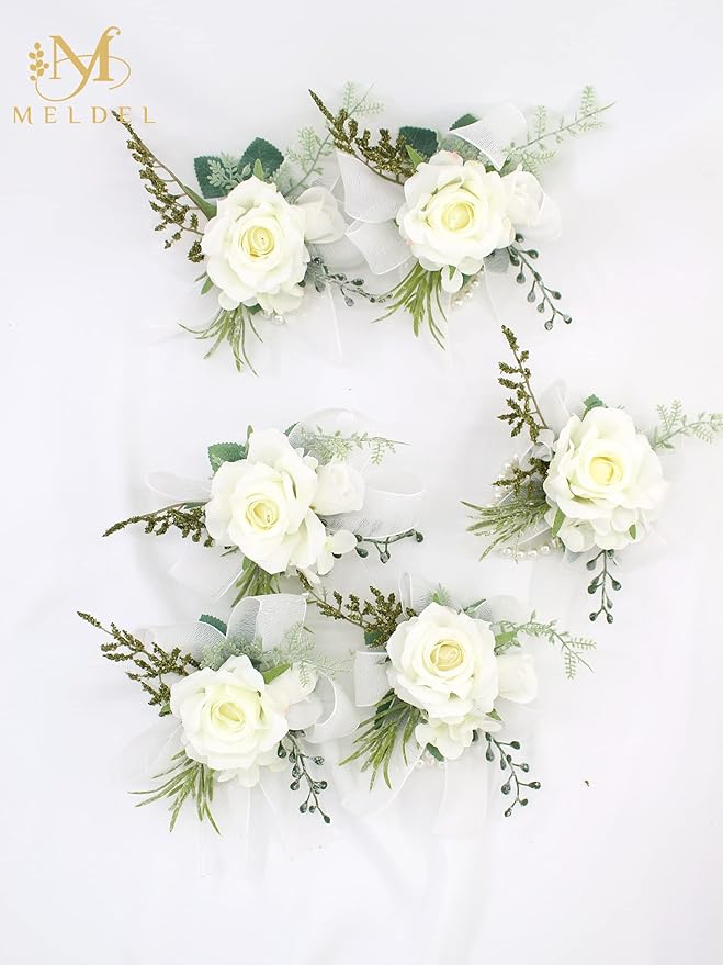 Meldel Wrist Corsage for Wedding, Set of 6, Elegant Artificial White Rose Pearl Wristband Wrist Corsage for Prom Homecoming Party, Perfect Accessories for Bride Bridesmaids, Mother of Bride and Groom