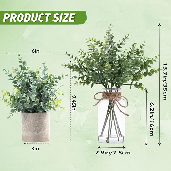 Eucalyptus Stems in Glass Vase with Faux Water, 13.7" Eucalyptus Fake Plants for Home Bathroom Office Kitchen Farmhouse Shelf Centerpiece Coffee Table Decor(Sage Green)