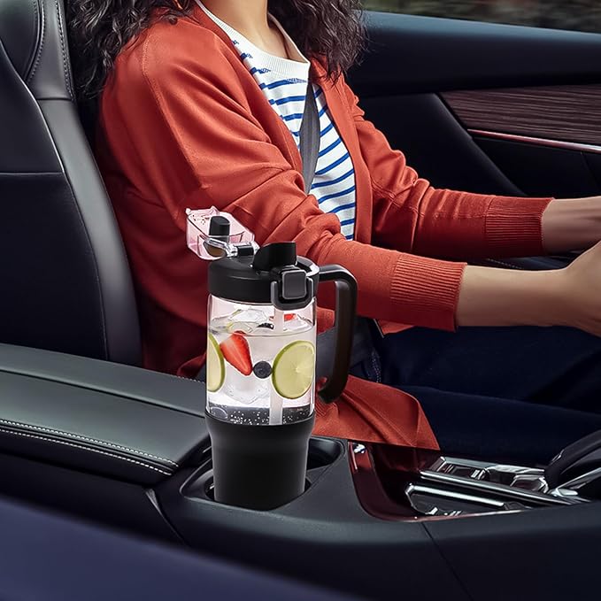 32oz Glass Water Bottle, 2-in-1 Straw and Sip Spout Lid, Leakproof Wide Mouth Tumbler with Handle, BPA-Free Reusable Bottle for Sports, Office, Outdoor, Black