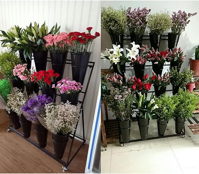 Decorative Flower Display Stand with Buckets for Cut Flowers, Heavy Duty Rolling Plant Stand on Wheels, Indoor Outdoor Flower Cart Ladder Shelf for Florist, Garden, Patio (4 Tier 16 White Bucket)