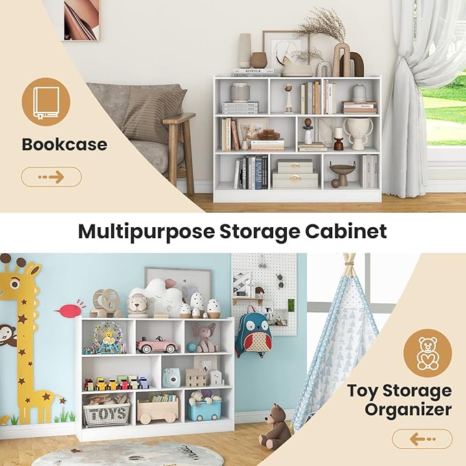 Toy Storage Organizer, 3-Tier Kids Bookshelf, 8 Cube Kids' Bookcases, Cabinets & Shelves, Wooden Toy Organizers, Small Book Shelf for Bedroom, Playroom, Classroom, Nursery (White)