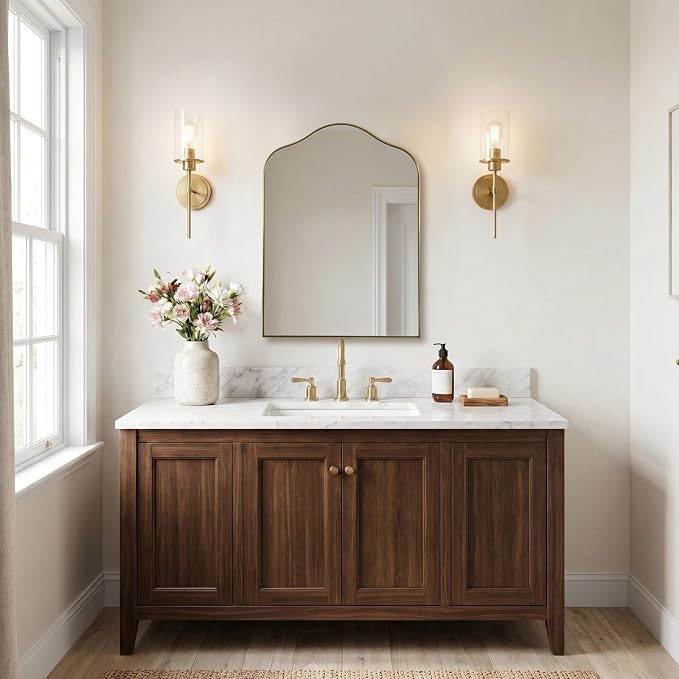 ANDY STAR Brass Scalloped Arched Wall Mirror, 22x30 Brushed Gold Irregular Bathroom Mirror with Curved Design for Vanity, Powder Room, Fireplace, Mantel, Stainless Steel Frame, Rustproof
