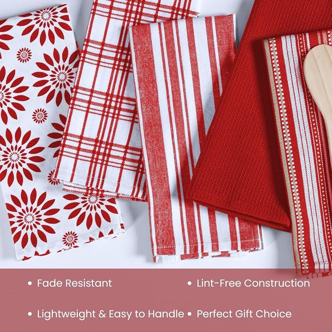 Assorted Kitchen Towels - Red Kitchen Towels, Set of 5, 16x26 in - Absorbent 100% Cotton Dish Towels with Hanging Loop - Waffle Weave Tea Towels for Drying Dishes, Glassware & Counters