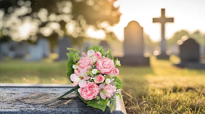 Hollyone Set of 2 Artificial Cemetery Flower for Graves Cemetery Memorial Flowers for Outdoor Grave Decorations Silk Flower Arrangements Pink Rose Peonies Lily Floral Flowers Bouquets