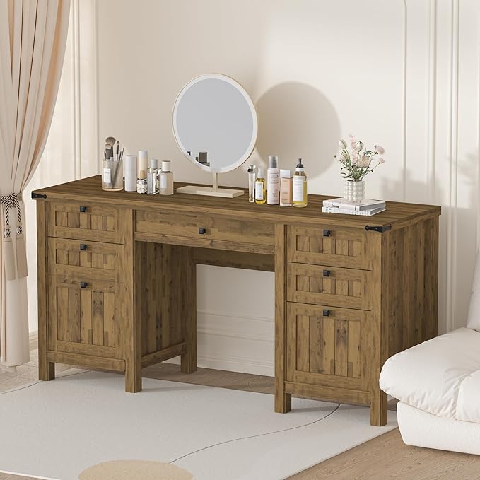 Executive Desk, Modern Farmhouse Computer Desk with Drawers & Cabinet, Home Office Desk for Work Study Writing Workspace (Light Brown, 62")