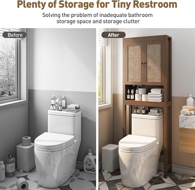 knoworld Rattan Over The Toilet Storage Cabinet, Above Toilet Bathroom Organizer with Adjustable Shelf, Behind Toilet Cabinet, Space Saver for Restroom, Bathroom, Laundry, Caramel Oak